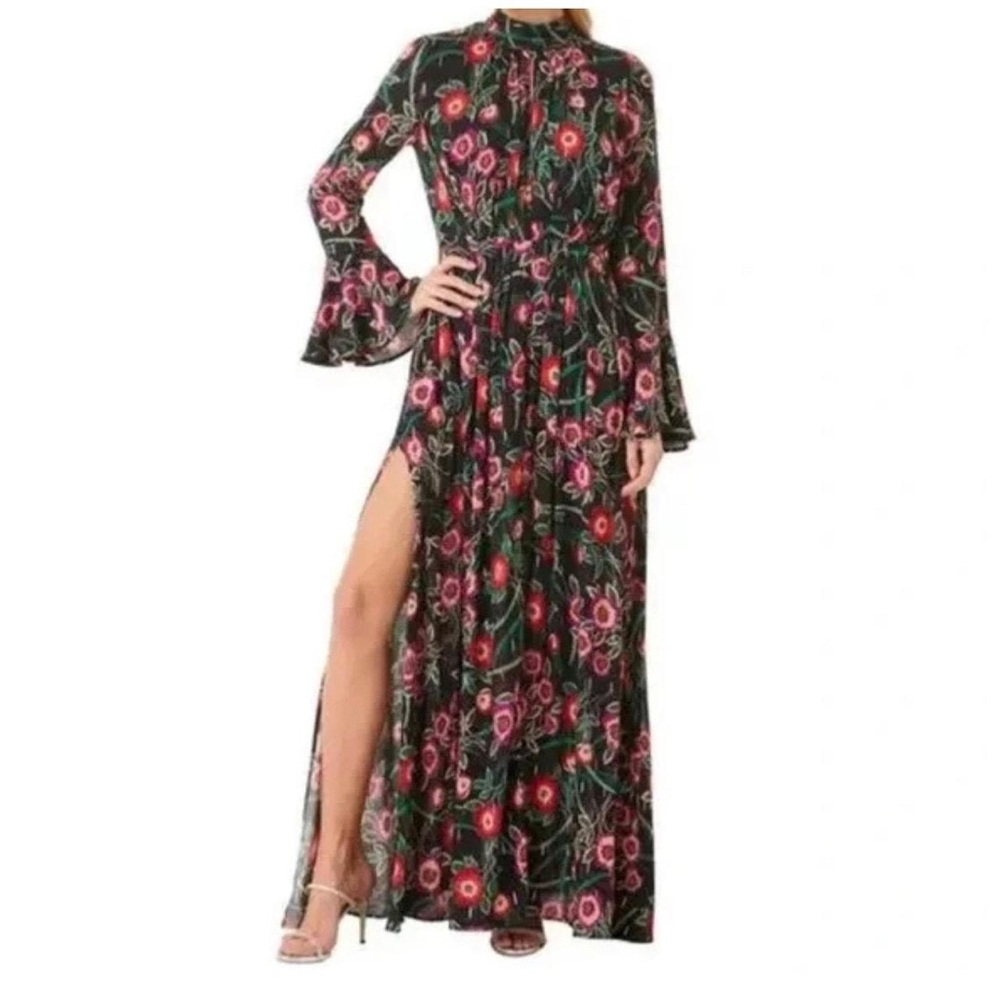 Misa Los Angeles Black Maxi Dress with Pink & Red Floral Print and Green Accents